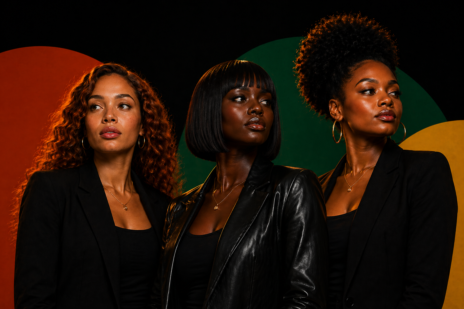 Three Black women standing together against bold orange, green, and gold shapes