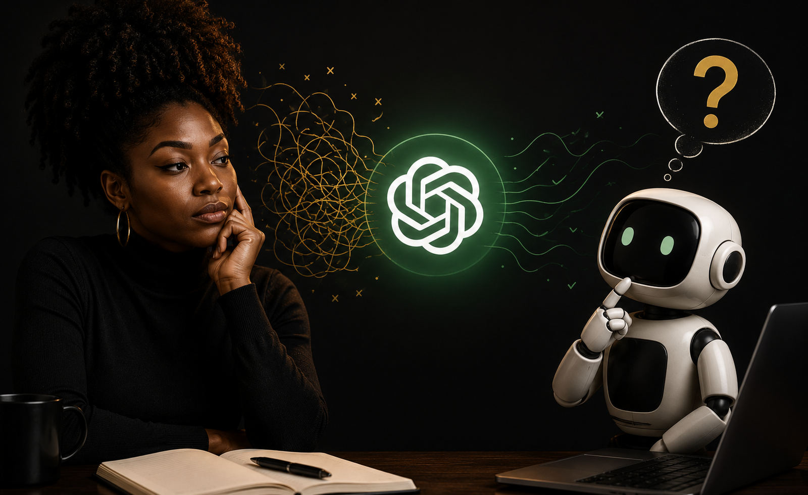 Black woman thoughtfully reviewing an AI response beside a friendly robot assistant and ChatGPT symbol, illustrating how generative AI predicts answers, makes mistakes, and requires human fact-checking.