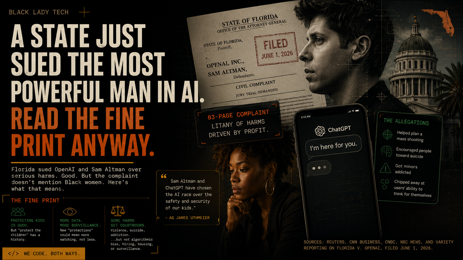 Editorial graphic showing an AI lawsuit involving OpenAI and Sam Altman with legal documents, artificial intelligence interfaces, and a Black woman examining how AI safety debates affect overlooked communities.
